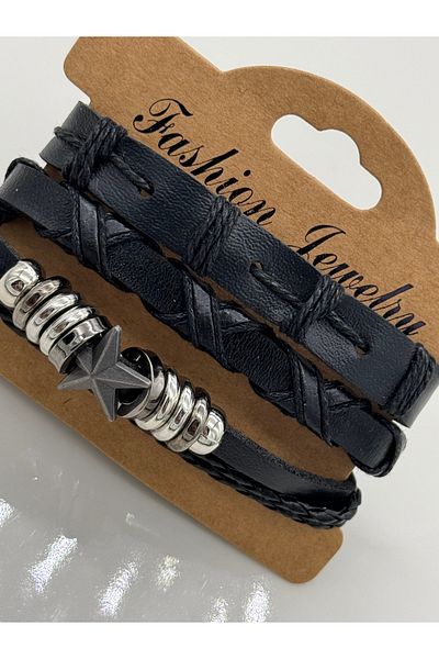 CT STONES Black Leather Multi Men's Bracelet Set