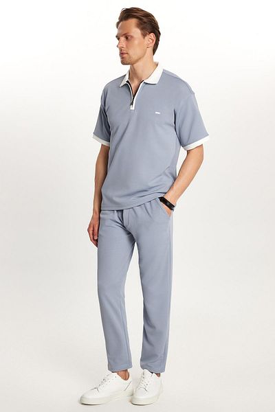 Tudors Men's Standard Fit Cotton Jacquard Zippered Polo Neck Tie Waist Blue Tracksuit Set