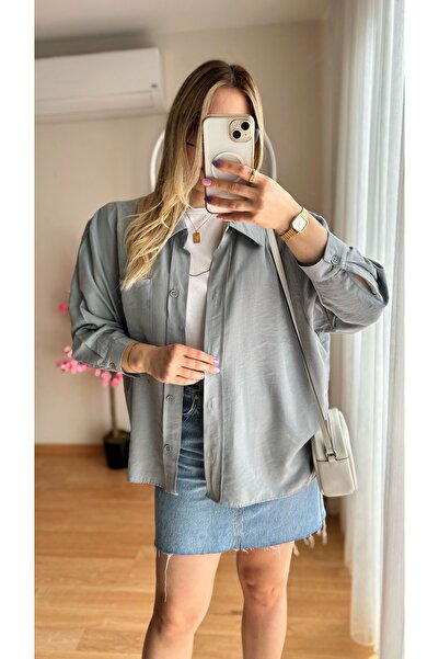 fidoş Kadın Gömlek Oversize Gri Zr Model