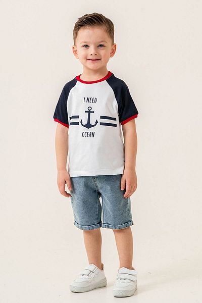 Gold Class Kidswear Anchor Printed Elastic Sleeve 2 Piece Denim Boy Shorts Suit