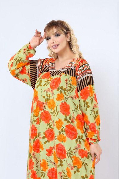 mervemoda Women's Plus Size Printed Summer Woven Long Sleeve Long Length Dress