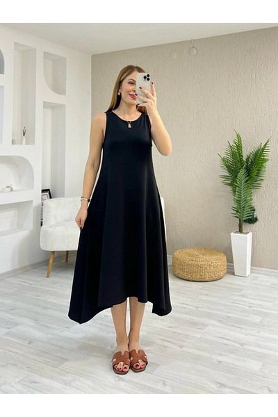 MRA Fashion Women's strap round neck asymmetric cut detailed viscose dress