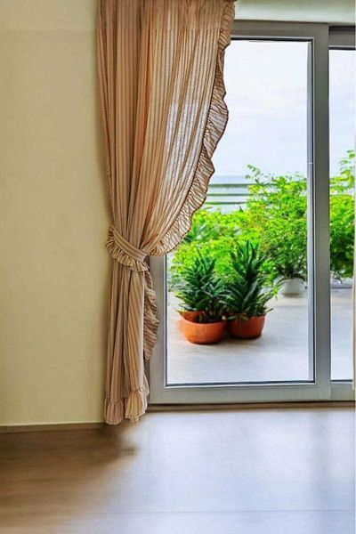 MZN Home Vintage Linen Curtain with 2 Edge Ruffles Milk Coffee Strips (En X Size) - Single Sash - Laces Gift