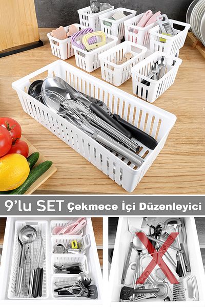 Meleni Home 9 Piece Modular Drawer Organizer Set - Bathroom Kitchen Makeup Accessory Office Organizer White
