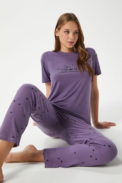 Ritnice Women's Kindness Soft Texture Plum Star Pattern Crew Neck Short Sleeve Bottom Top Pajama Set