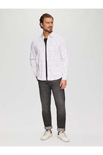 s.Oliver Cămașă bărbătească cu mânecă lungă, croială slim fit și imprimeu cu fazele lunii, alb, mărime M