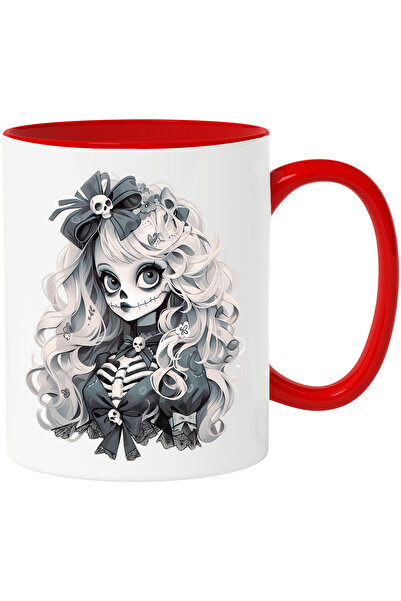 StoryGift Romania Cana Cu O Fata Costumata Intr-un Schelet | Ilustratie | Halloween | Alb & Negru , Cu Maner Rosu Stg