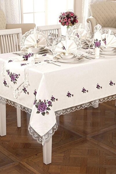 Cardea Home Collection Cross Stitch Printed Tablecloth Set 18 Pieces for 8 Pe...