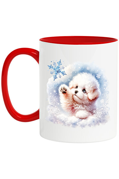 StoryGift Romania Cana Cu Un Catelus Alb Care Vrea Sa Atinga Un Fulg De Nea | Ilustratie | Ninge |, Cu Maner Rosu Stg