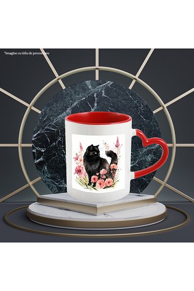 StoryGift Romania Mug with a black cat, illustration, popcorn, pink, slightly disoriented look,, With ,STG