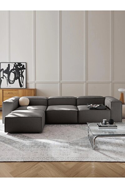 S Home Design Concept Frida 4 Modül Pofidik Modüler Kanepe L Köşe Koltuk Takımı, Keten, Koyu Gri 290 Cm