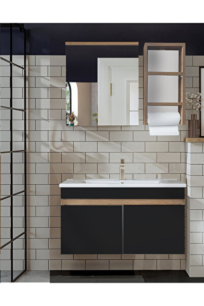 Alfa Banyo Venüs Lavender 80 Cm Mdf Banyo Dolabı, Lavabolu, Havluluklu Banyo Dolabı Seti Hazır Kurulu-siyah