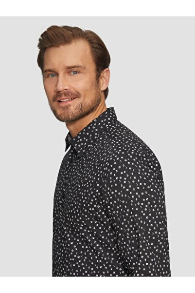 s.Oliver Men's long-sleeved shirt, Slim fit cut and moon phase print, Black, XL