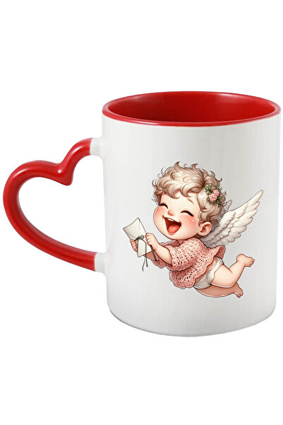 StoryGift Romania Cana cu un bebelus cu aripi de ingeras, ilustratie, are o scrisoare, plic, flori, Cu Maner Inim STG