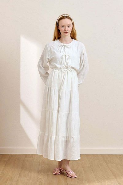 Ceylan Otantik White Scalloped Muslin Floor Skirt & 3 Bow Blouse Set