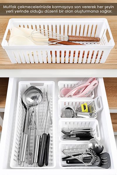 Meleni Home 6 Piece Modular Drawer Organizer Set - Bathroom Kitchen Makeup Accessory Office Organizer White