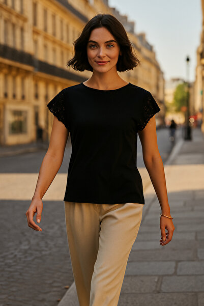 Fashion Friends Μαύρη μπλούζα από 100% βαμβακερό μανίκι με δαντέλα