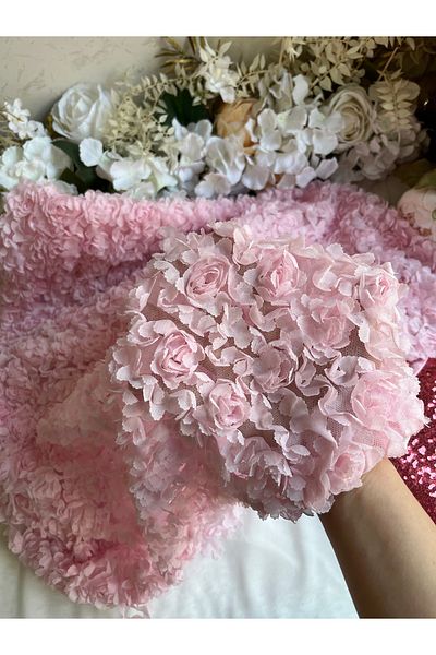 LE FANTASİA 3D ροζ ανάγλυφο ύφασμα - Floral ύφασμα - Ανάγλυφο τούλι δαντέλα με μοτίβο τριαντάφυλλου στο πάτωμα (100X130CM) Ροζ