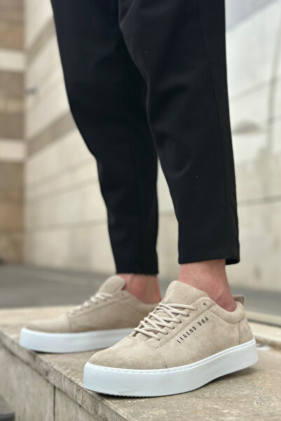 BOUIS Men's Beige White Suede Daily Lace-Up Orthopedic Flexible Comfortable Thick Sole Classic Sports Shoes Sneaker