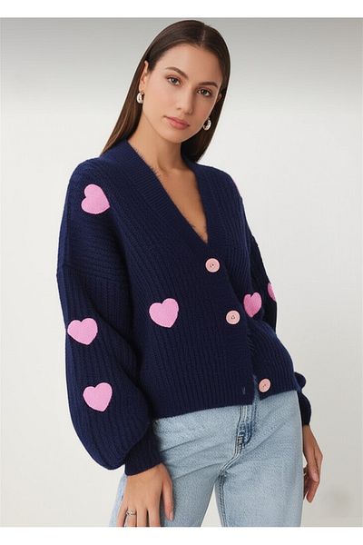 FLEX FASHION Heart Embroidery Detailed Oversize Women's Knitwear Cardigan Navy Blue