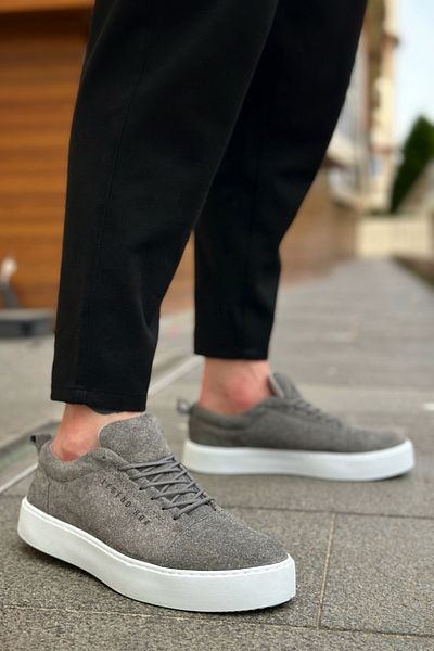BOUIS Men's Gray White Suede Daily Lace-Up Orthopedic Flexible Comfortable Thick Sole Classic Sports Shoes Sneaker