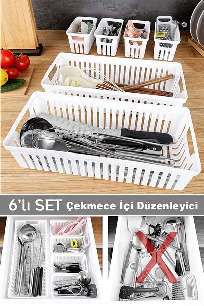 Meleni Home 6 Piece Modular Drawer Organizer Set - Bathroom Kitchen Makeup Accessory Office Organizer White