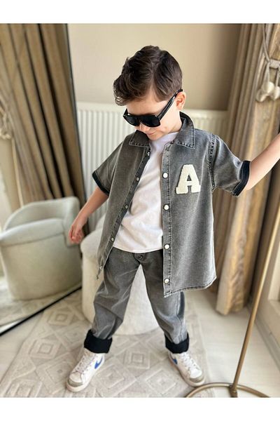 MİNİKO KİDS Boy's 3-Piece Suit with an Embroidered Tee and Jeans Pants and Jeans Shirt