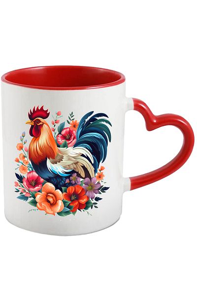 StoryGift Romania Mug with a rooster that has many flowers around it | nature | plants | bird | 330ml, With Heart Handle STG