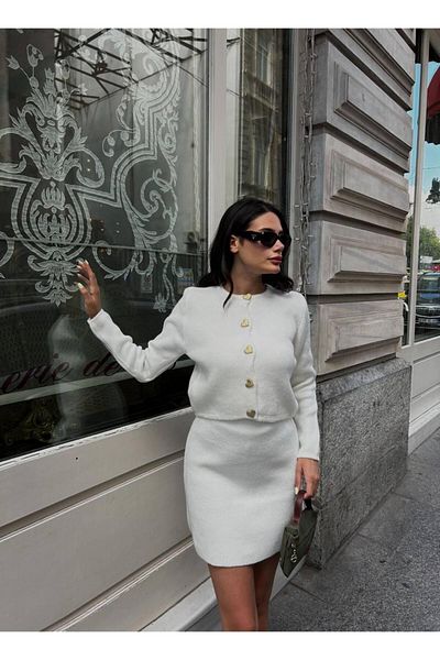 NZL TEKSTİL Heart Buttoned Skirt Knitwear Suit Star of the Night