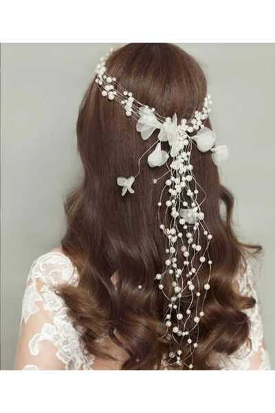 ROSAMOR Kristal Taşlı Çiçek Detaylı Ekru İncili Gelin Tacı Nişan,Düğün,Dış Çe...