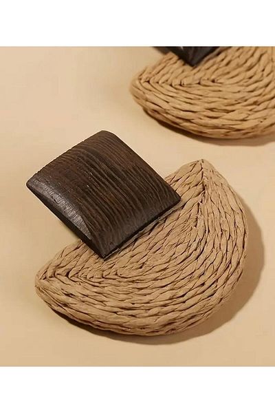 Burroe Atalier Vintage Wood and Woven Rattan Stud Earrings