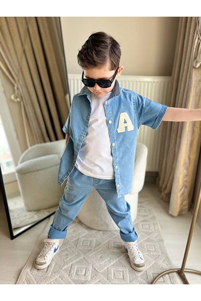 MİNİKO KİDS BĂIAT UN TRIUC BRODAT PANTALON JEANS CU CAMĂȘĂ JEANS 3 PIESE