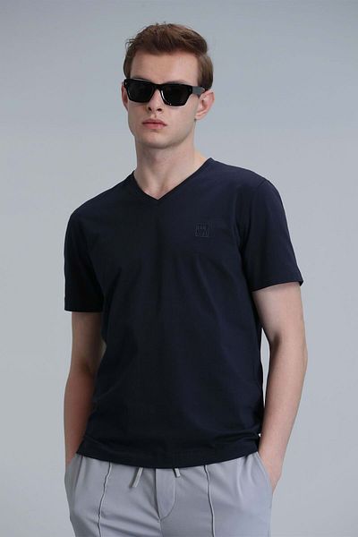 Lufian 111020224 Tuna V-Neck Modern Graphic T- Shirt Men's T-Shirt Navy