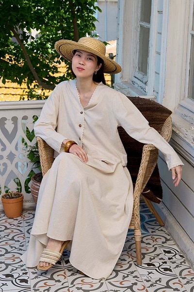 Ceylan Otantik Organic Linen Lace Detail Jacket & Balloon Skirt Set