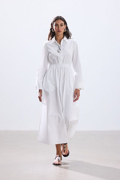 BE BLUE Ekru Poplin Shirt Dress with Pocket Detail