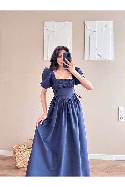 LOCH BUTİK Rochie midi cu corset cu decolteu în U, cu talie albastru bleumarin pentru femei