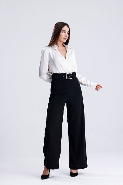 macharel jeans High Waist Belted Black Palazzo Women's Trousers - Wide Leg