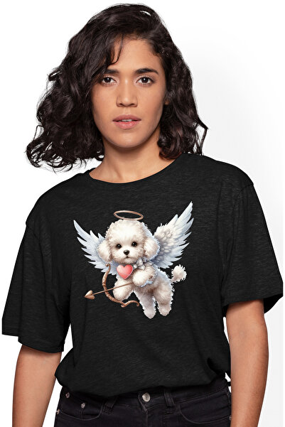 StoryGift Romania Tricou Femei Cu Un Catelus Blanos Alb, Ilustratie, Cupidon, Trage Cu Arcul, Arip Blk_l