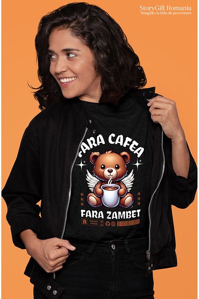 StoryGift Romania Tricou Femei Urs De Plus Cu Cana De Cafea Fara Cafea Fara Zambet Cu Imprimeu Pe Blk_l