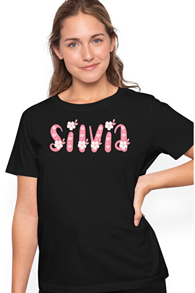StoryGift Romania Tricou Femei Cu Numele Silvia, Flori, Colorat, Roz, Dragut, Cu Imprimeu Pe Fata Blk_l