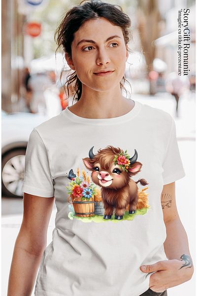 StoryGift Romania Women's T-shirt with a cheerful, small female bison, illustration, wheat, flowers, bucket WHT_L,STG51966
