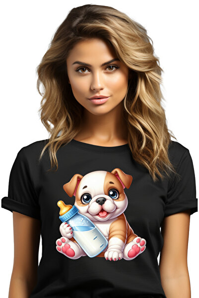 StoryGift Romania Tricou Femei Cu Un Catelus Vesel Care Tine Un Biberon Cu La...