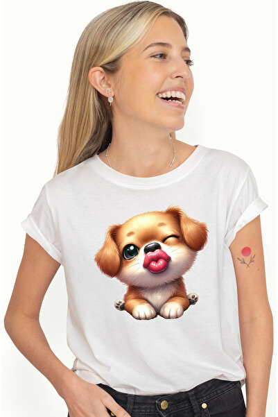 StoryGift Romania Tricou Femei Cu Un Catel Care Face Cu Ochiul Si Da Un Pupic...