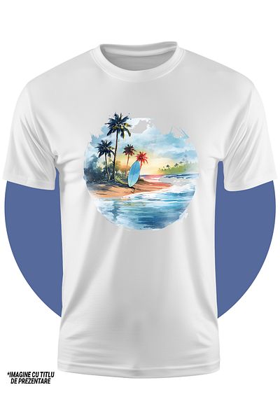StoryGift Romania Tricou Copii Cu O Plaja, Ilustratie, Placa De Surf, Vacanta, Palmieri, Insule, Apa, Mare,