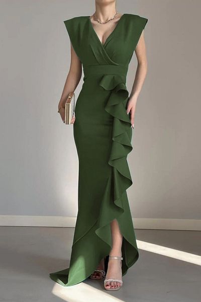 ALFUDO Moda Collection Women's Khaki Scuba Diver Fabric Double Breasted Collar Skirt Flounced Evening Dress Graduation Wedding Dress