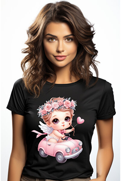 StoryGift Romania Tricou Femei Cu Un Bebelus Cupidon Care Se Plimba Cu O Masinuta, Ilustratie, Arc Blk_m