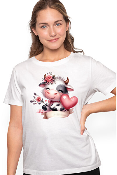 StoryGift Romania Tricou Femei Cu O Vacuta Vesela, Zambeste, Imbujorata, Flori, Inima, Afectiune, Wht_l