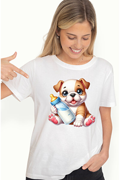 StoryGift Romania Tricou Femei Cu Un Catelus Vesel Care Tine Un Biberon Cu La...