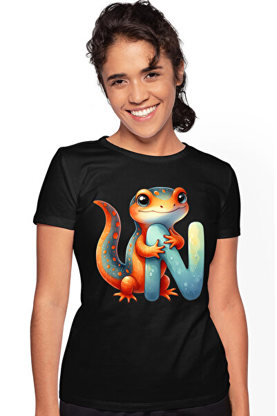 StoryGift Romania Tricou Femei Cu O Soparla Care Tine Litera "n", Ilustratie,...