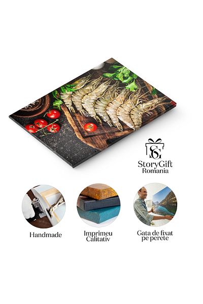 StoryGift Romania Tablou Canvas Bucurii Gastronomice Crevete Crud Pe Tocator Cu Ierburi Proaspete, Condimente Fin